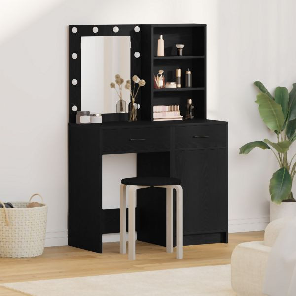 vidaXL 2-teiliges Schminktisch-Set mit LED in Schwarz aus Holzwerkstoff, 3334273
