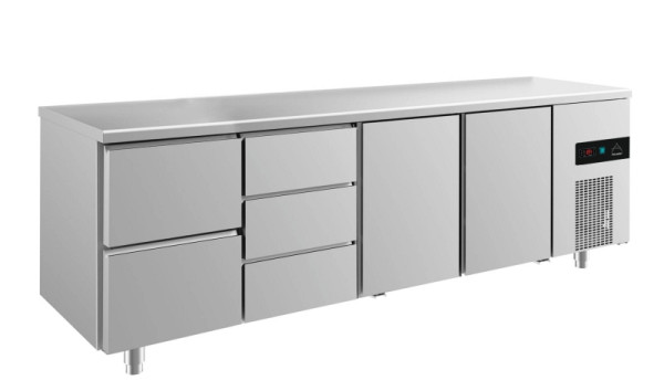 A&S Polarny Kühltisch -2 bis +8°C mit 2x Türen, 1x zwei Schubladen links und 1x drei Schubladen mittig-links, 2330 x 700 x 850 mm, KT4ZDTT
