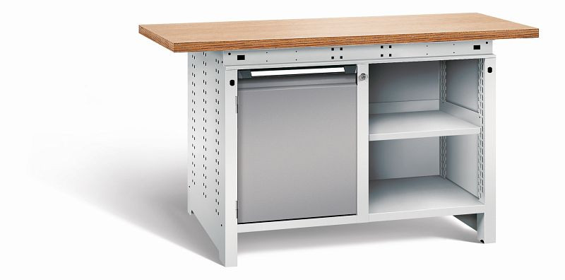 Otto Kind Werkbank Serie function Typ 210, Multiplexplatte 40 mm, überstehend, 2x Unterbau, Gehäuse RAL 7035, Front RAL 7037, 072340267
