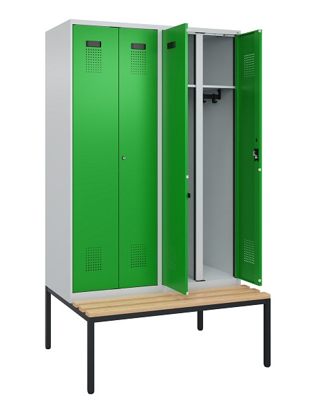 C+P Schwarz-Weiß-Spind Evolo PLUS, Bank, 4 Abteile, 2120x1200x815mm, 7035/6037, Zylinderschloss, Sitzfläche Buche-Hartholz, Sitzbank, 0490527-40 S10038