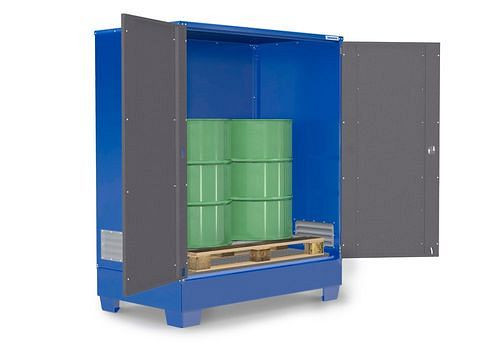 DENIOS SteelSafe Gefahrstoffdepot D2, mit Türen, für 2 Fässer auf Europalette, 1400 x 950 x 1915 mm, 291036