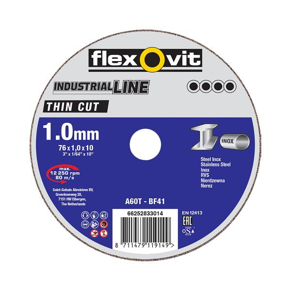 Flexovit THIN CUT Trennscheibe Inox, A 60 T-BF41 THIN CUT, Holmbohrung: 6 mm, Stärke: 1 mm, VE: 100 Stück, 66252919378
