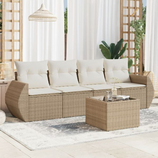 vidaXL 5-tlg. Garten-Sofagarnitur mit Kissen Beige Poly Rattan, 3221087
