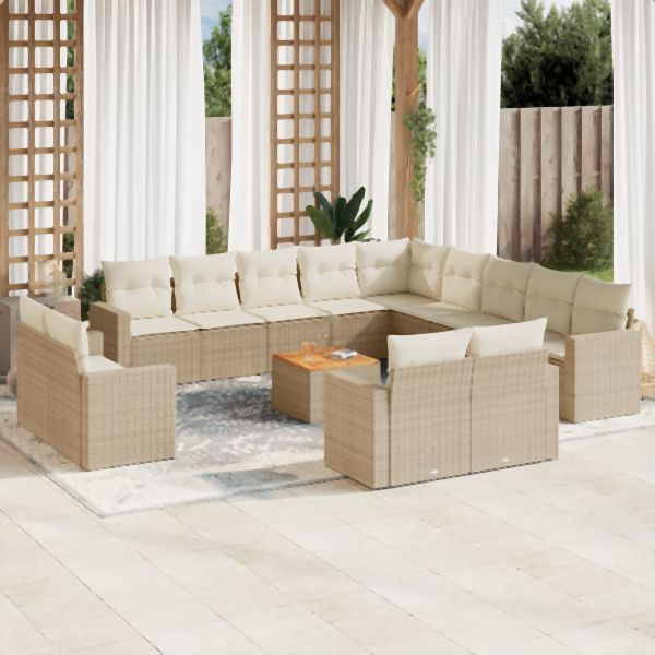 vidaXL 14-tlg. Garten-Sofagarnitur mit Kissen Beige Poly Rattan, 3224399