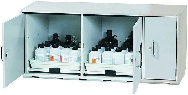 asecos Säuren- und Laugenunterbauschrank SL-CLASSIC-UB Modell SL.060.140.UB.3T in lichtgrau mit 2x Tablarauszug (FP-Platte/Polypropylen), 30616-892-30617