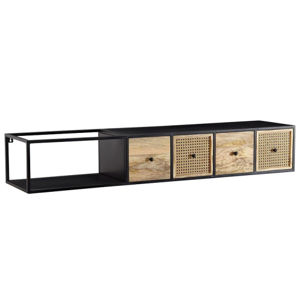 Wohnling Lowboard Hängend Mango Massivholz/Metall 150x25x35 cm TV-Schrank Schwarz, Design Fernsehtisch Wiener Geflecht Modern, WL6.588