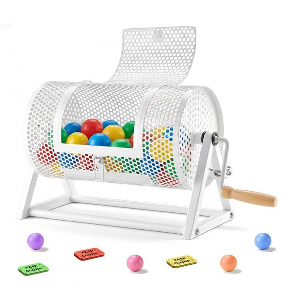 VEVOR Tombola Trommel, 295xØ167mm, für 2500 Lose/100 Lotteriebälle, mit Kurbel & Dreiecksständer, Weiß, CJG12YCJSDZJSJ9GK002V0