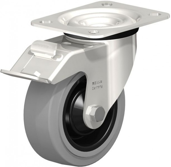 Blickle LEX-POEV 100KD-FI-SG Edelstahl-Lenkrolle mit Anschraubplatte & Feststeller, Elastik-Vollgummi, Grau, 583112
