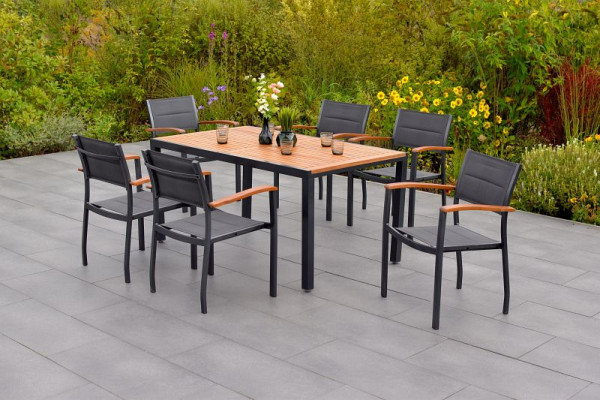 Merxx Paxos Set 7-teilig, 6 Paxos Stapelsessel, 1 Tisch 150 x 90 cm, Aluminium mit Textilbespannung und FSC Akazienholz, 50637-307