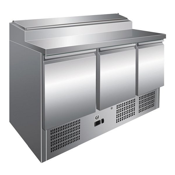 Gastro-Inox Edelstahl Saladette mit 3 Türen & 8x Gastronorm 1/6 Vorbereitungseinheit, Umluftkühlung, Nettokapazität 400 Liter, 202.006