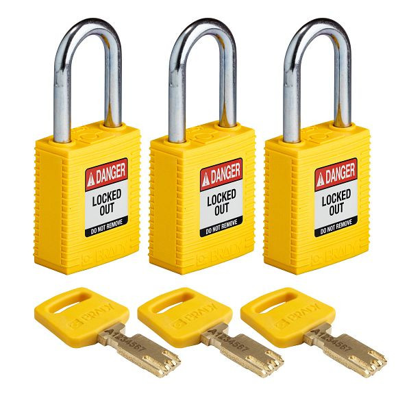 Brady Vorhängeschlösser SafeKey, Stahlbügel, lichte Bügelhöhe 38,10 mm, gelb, VE: 3 Stück, 311878