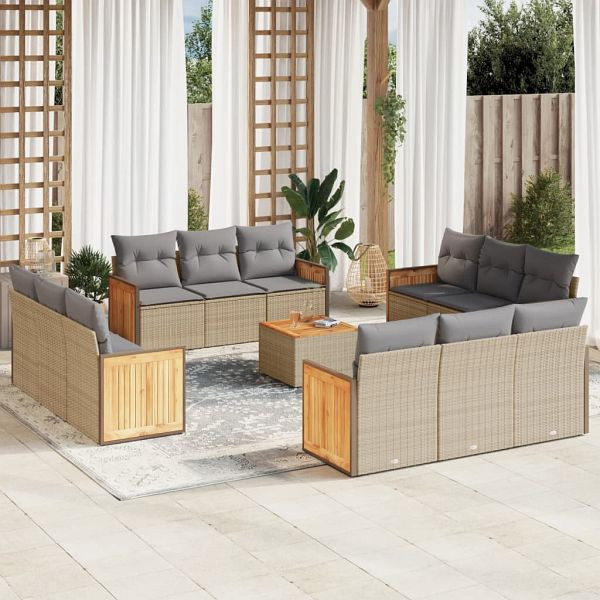 vidaXL 13-teilig Garten-Sofagarnitur mit Kissen Beige Poly Rattan, 3259924