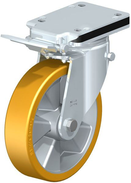 Blickle LH-ALTH 200K-IS Stahlblech-Lenkrolle, Schwerlast-Ausführung, mit Anschraubplatte & Feststeller, Blickle Extrathane®, Hellbraun, 602789