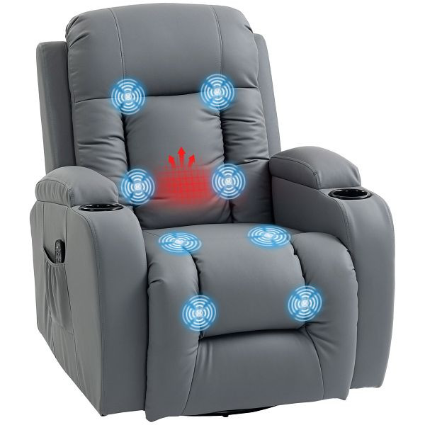 HOMCOM Massagesessel mit Wipp-, Liege- & Wärmefunktion, 3 Modi, drehbar, Grau, 700-050V94GY