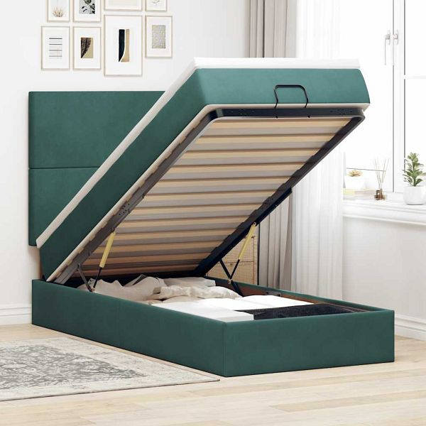 vidaXL Ottoman-Bett mit Matratzen & LEDs Dunkelgrün 100x200 cm Samt, 3314231