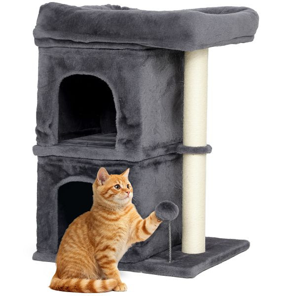 PawHut Katzenkratzbaum, Katzenturm, 2 Höhlen, Plattform, Sisalpfosten, kompakt, Dunkelgrau, D30-960V00CG