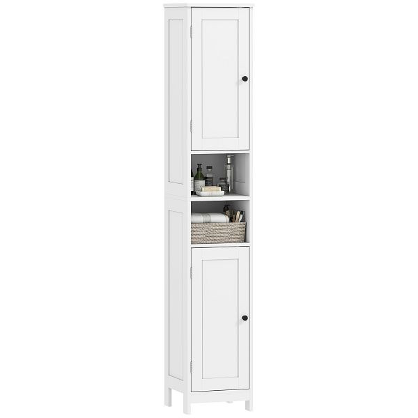 HOMCOM Hoher schlanker Badezimmerschrank mit Türen, offene Regale, 30 x 30 x 170 cm, Weiß, 838-588V90WT