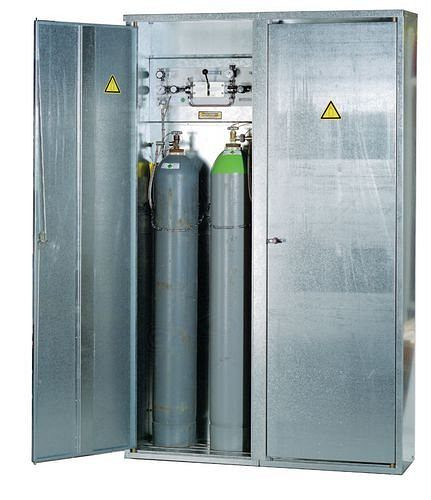 DENIOS Gasflaschenschrank für 5 x 50 l Gasflaschen, 3-flügelige Tür, verzinkt, 116953