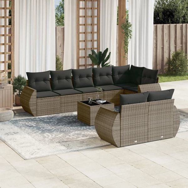vidaXL 9-teilig Garten-Sofagarnitur mit Kissen Grau Poly Rattan, 3221629