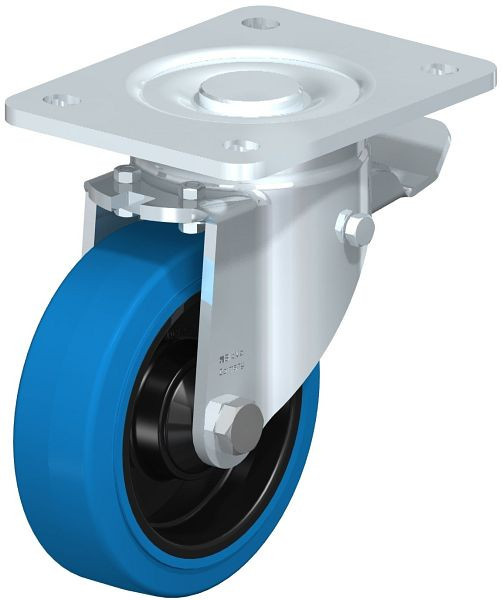Blickle LH-POEV 125K-3-ST-SB Stahlblech-Lenkrolle, Schwerlast-Ausführung, mit Anschraubplatte & Feststeller, Elastik-Vollgummi, Blau, 704395