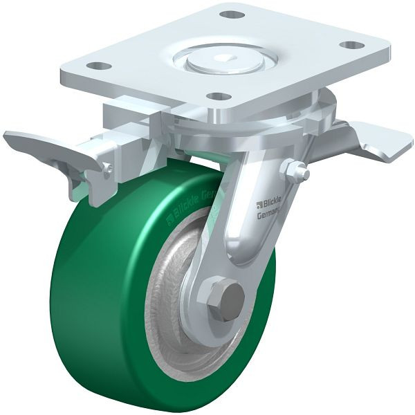 Blickle LO-GST 127K-ST-RI4 Stahlgeschweißte Schwerlast-Lenkrolle mit Feststeller, Blickle Softhane®, Grün, 852399