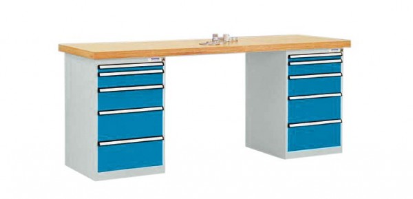 Manuflex Werkbanksystem COMBI, 2 Gehäuse Modell 1 mit massiver Bucheplatte, BxTxH = 2000 x 700 x 840 mm, Lichtblau, TP5092.5012