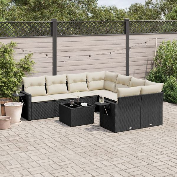 vidaXL 9-tlg. Garten-Sofagarnitur mit Kissen Schwarz Poly Rattan, 3252293