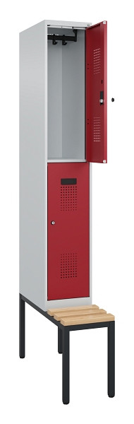 C+P Doppelstock-Spind Evolo PLUS, Bank, 2 Fächer, 2120x300x815mm, 7035/3003, Zylinderschloss, Sitzfläche Buche-Hartholz, Sitzbank, 0493507-10 S10031