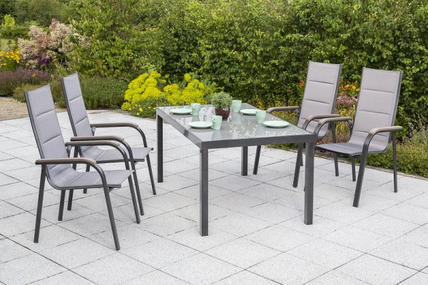 Merxx Triviero Set 5-teilig, 4 Stapelsessel, gepadded, 1 Tisch 150 x 90 cm, graue Glasplatte, graphit/diamantbraun, 50299-217