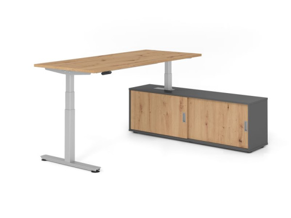 Hammerbacher Schreibtisch XDSM19, 180x80cm, Platte: Asteiche, T-Fuß Gestell Silber, Höhe: 63 - 127 cm, Graphit / Asteiche, VXDSM19SB/R/S/G/R