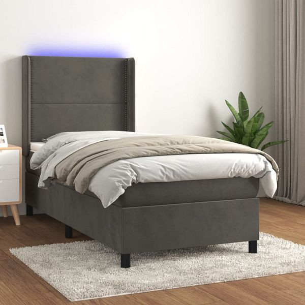 vidaXL Boxspringbett mit Matratze & LED Dunkelgrau 90x200 cm Samt, 3139482