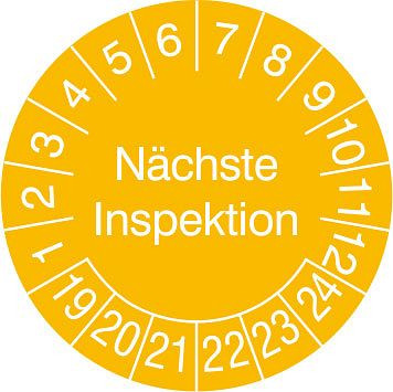 SafetyMarking Prüfplakette - mit Jahresfarbe, Nächste Inspektion, Prüfzeitraum: 19-24, Ø 3 cm, Folie, selbstklebend, VE: 15 Stück/Bogen, 30.0789-19-24