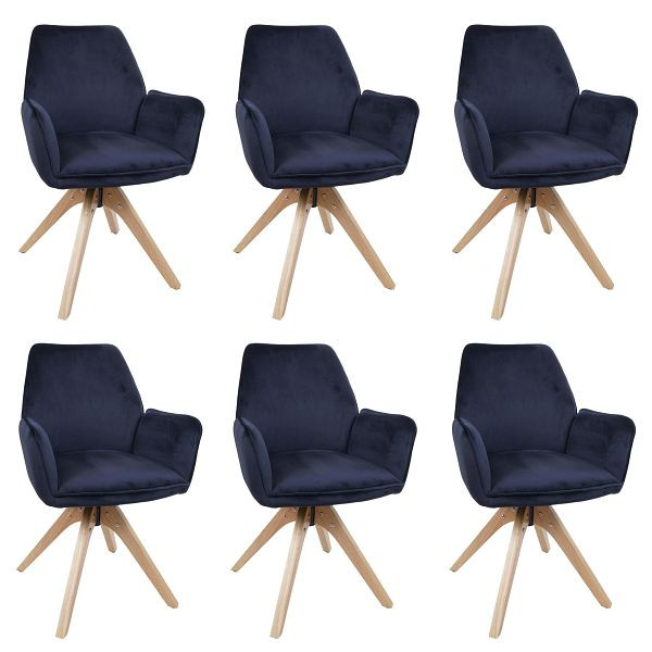 Mendler 6er-Set Esszimmerstuhl HWC-G67, Esstischstuhl Küchenstuhl mit Armlehne, drehbar Holz Samt 320 g/m² MVG, anthrazit-blau, 6x121386
