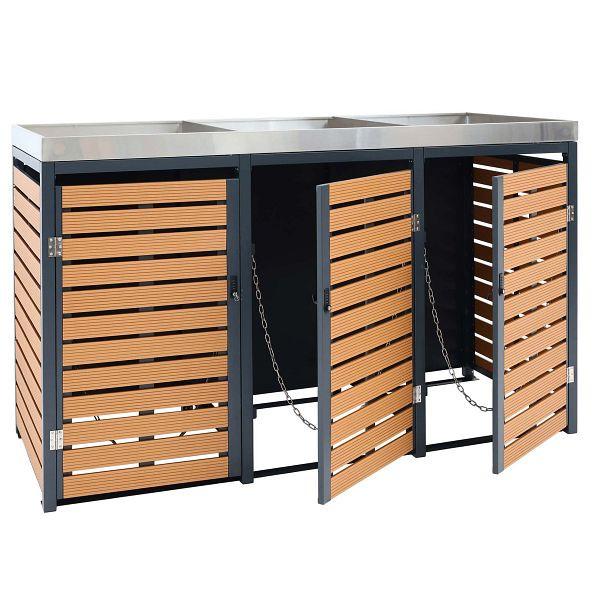 Mendler 3er Mülltonnenverkleidung HWC-K14, Mülltonnenbox mit Pflanzkasten, 112x63x78cm WPC Edelstahl 107kg, teak, 87636+87637+87638