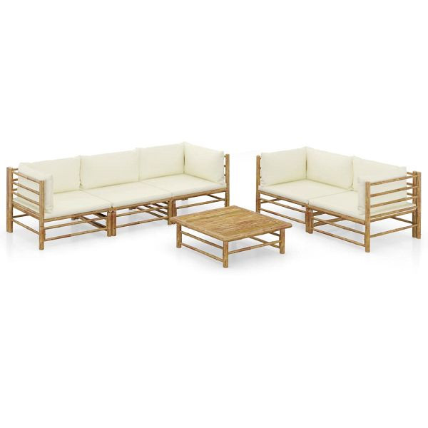 vidaXL 6-tlg. Garten-Lounge-Set mit Cremeweißen Kissen Bambus, 3058209