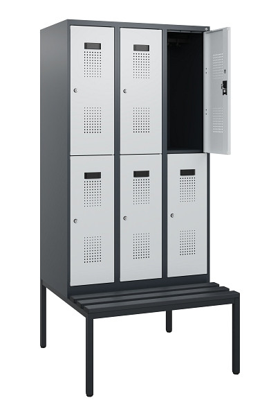 C+P Doppelstöckiger Spind Evolo PLUS, Bank, 6 Fächer, 1950x900x815mm, 7016/7035, Zylinderschloss, Sitzfläche Kunststoff, Sitzbank, 0493505-30 S10152