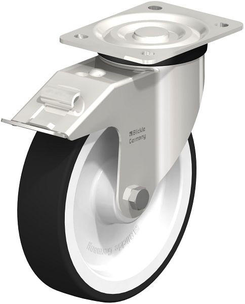 Blickle LX-POTH 200XR-FI Edelstahl-Lenkrolle, mittelschwere Ausführung, mit Anschraubplatte & Feststeller, Thermoplastisches Polyurethan, Grau, 286591