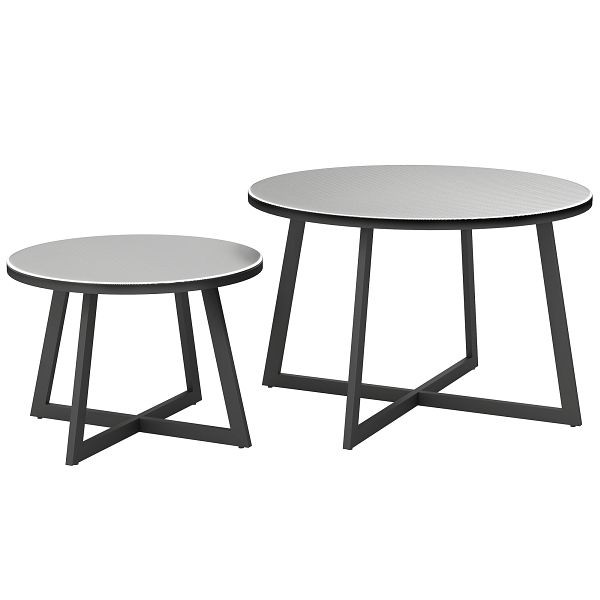 Outsunny 2er Set Beistelltisch Stapelbar Gartentisch Rund wetterfest Balkontisch mit X-Beine Glasplatte Stahl Schwarz+Grau, 83B-260V00GY