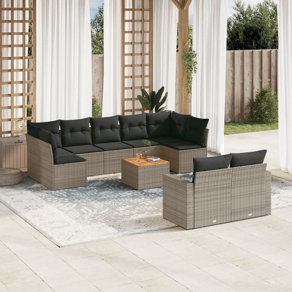 vidaXL 10-teilig Garten-Sofagarnitur mit Kissen Grau Poly Rattan, 3224275