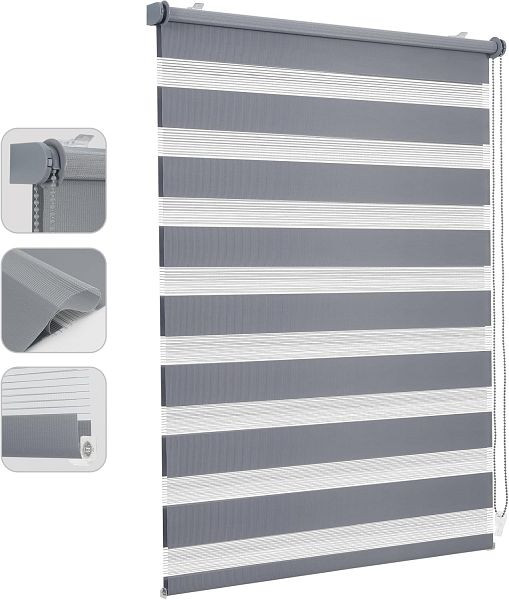Sekey Doppelrollo Klemmfix ohne Bohren für Fenster, Doppelrollo 90 cm breit, Duo Rollo Jalousie Sonnenschutz, 90x100cm, Grau, 38Z-GY-0900