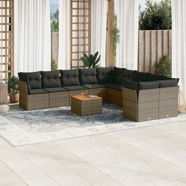vidaXL 11-teilig Garten-Sofagarnitur mit Kissen Grau Poly Rattan, 3223855