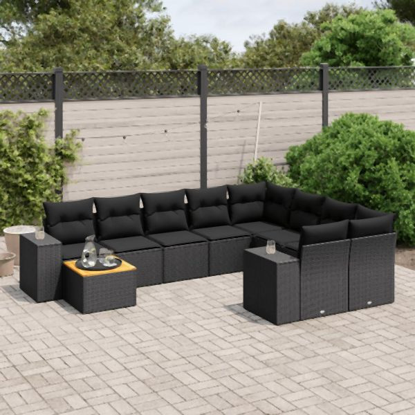 vidaXL 10-tlg. Garten-Sofagarnitur mit Kissen Schwarz Poly Rattan, 3257938