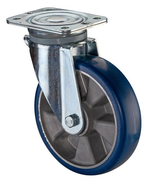 BS Rollen Schwerlastrolle Lenkrolle, Polyurethanrad 83 Shore, Aluminiumfelge, Kugellager, Platte, Durchmesser: 200 mm, N100.B92.200