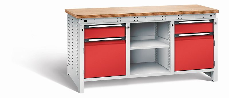 Otto Kind Werkbank Serie function Typ 308, Multiplexplatte 40 mm, bündig, 2x Unterbau + mittleres Feld, Gehäuse RAL 7035, Front RAL 3000, 072363134