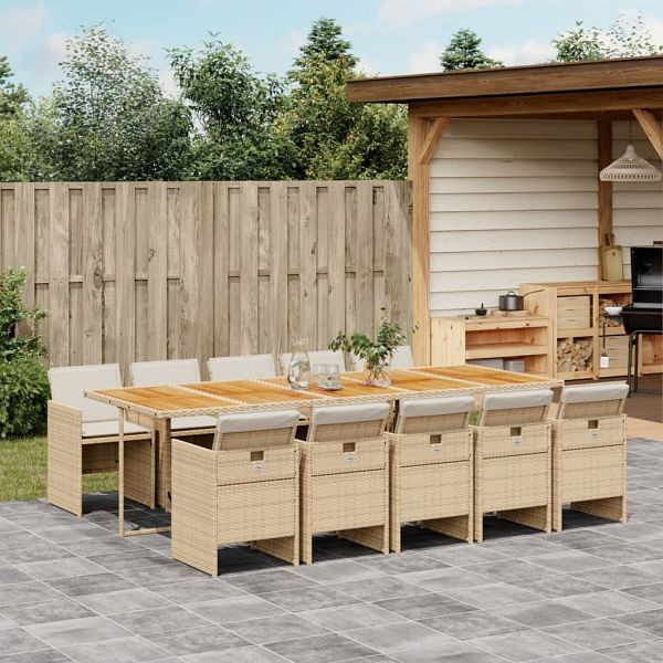 vidaXL 11-teilig Garten-Essgruppe mit Kissen Beige Poly Rattan, 3277707