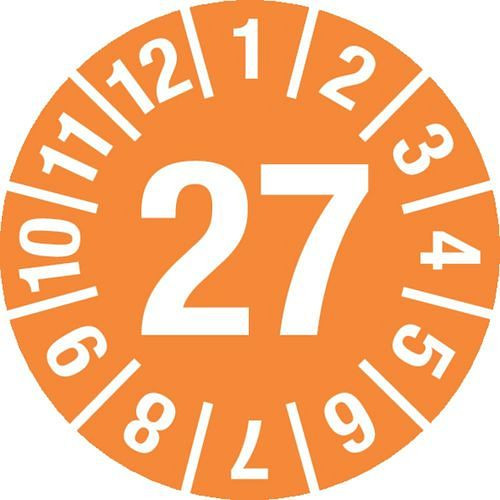 DENIOS Prüfplakette "27", orange, Folie, selbstklebend, 15 mm, VE: 1 Bogen à 60 Stück, 290072