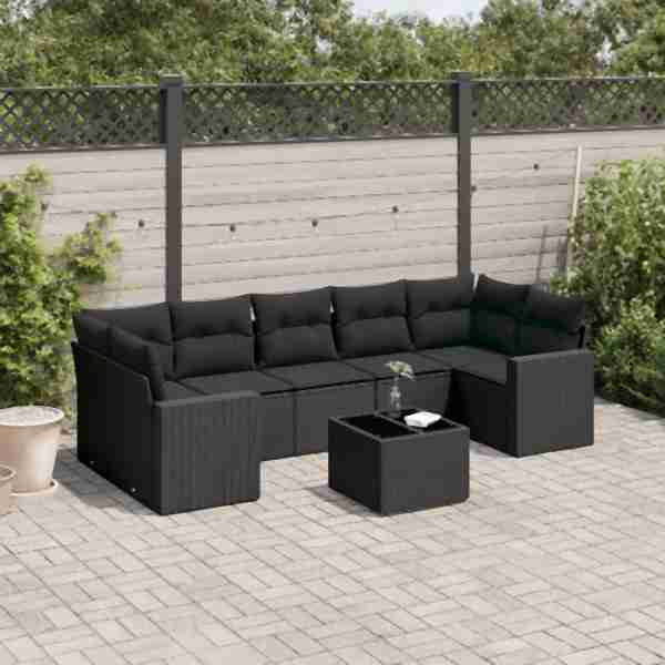 vidaXL 8-tlg. Garten-Sofagarnitur mit Kissen Schwarz Poly Rattan, UV-beständig, 3218725