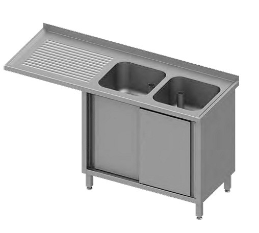 Stalgast Spülschrank mit Schiebetüren und Überstand 1300x700x900 mm, mit einem Becken links, mit Aufkantung, verschweißt, VSK13726LA
