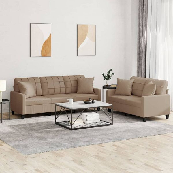 vidaXL 2-teilig Sofagarnitur mit Kissen Cappuccino-Braun Kunstleder, 3201392