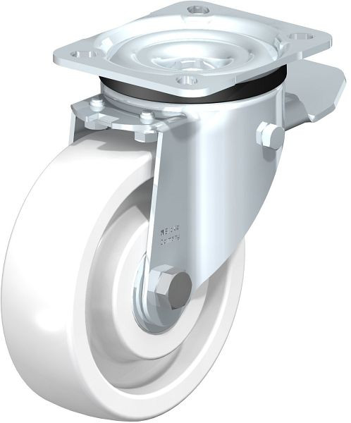 Blickle LK-SPO 125K-1-ST Stahlblech-Lenkrolle, schwere Ausführung, mit Anschraubplatte & Feststeller, Polyamid, Weiß, 270256